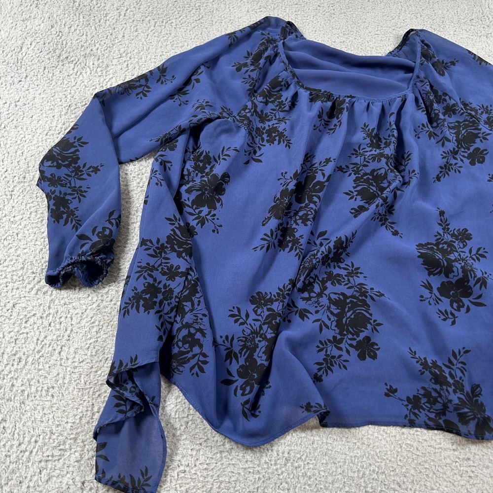 Torrid Shirt Womens 2 Blue Black Floral Sheer Long Sleeve Split Back Blouse - Picture 14 of 16